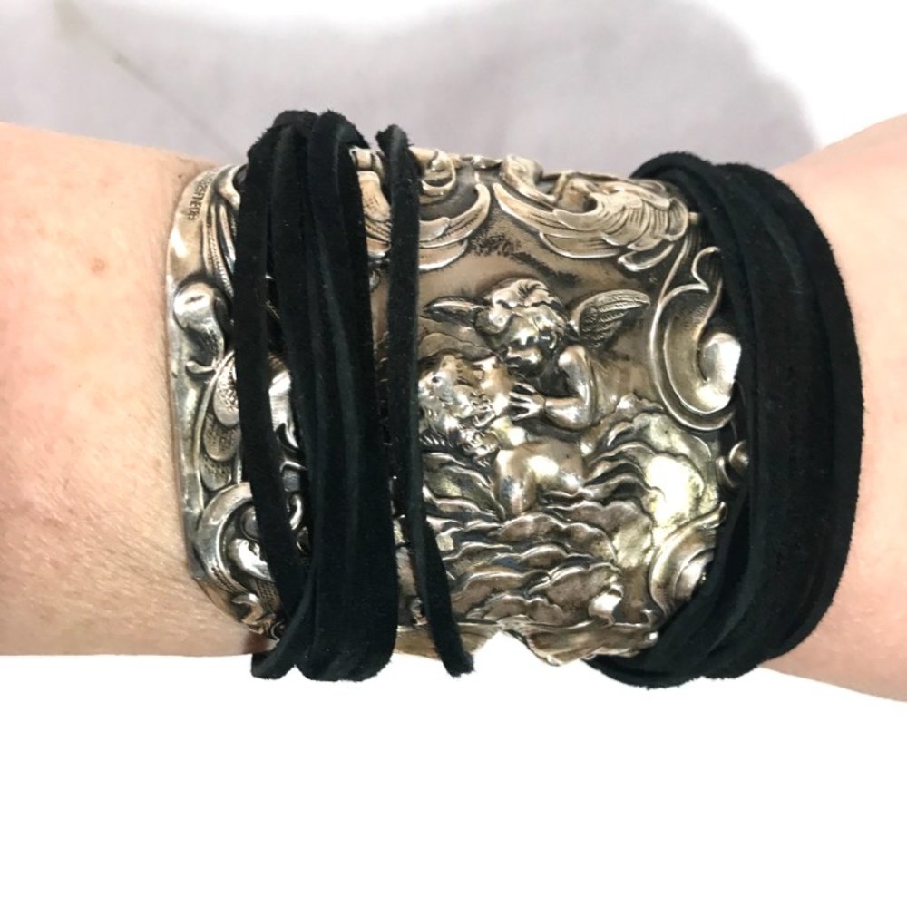 Antique Sterling Silver 925 Cuff Tie Wrap Bracelet Victorian Cherub Putti Biker - Picture 6 of 13
